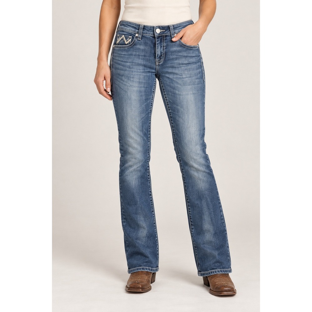 Rock and Roll Cowgirl Riding Jeans Blue Medium Wash Bootcut 32x36 Rhinestone